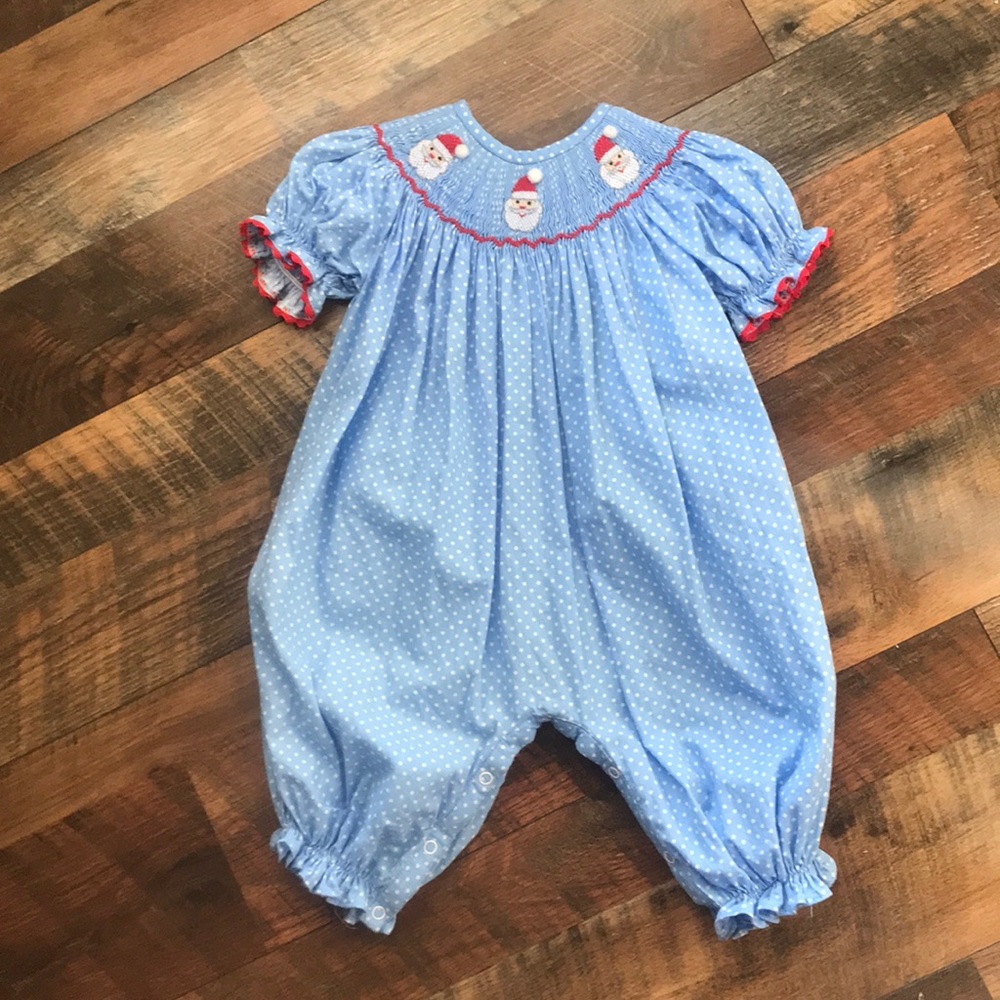 6 Month Santa Girl Smocked Long Bubble